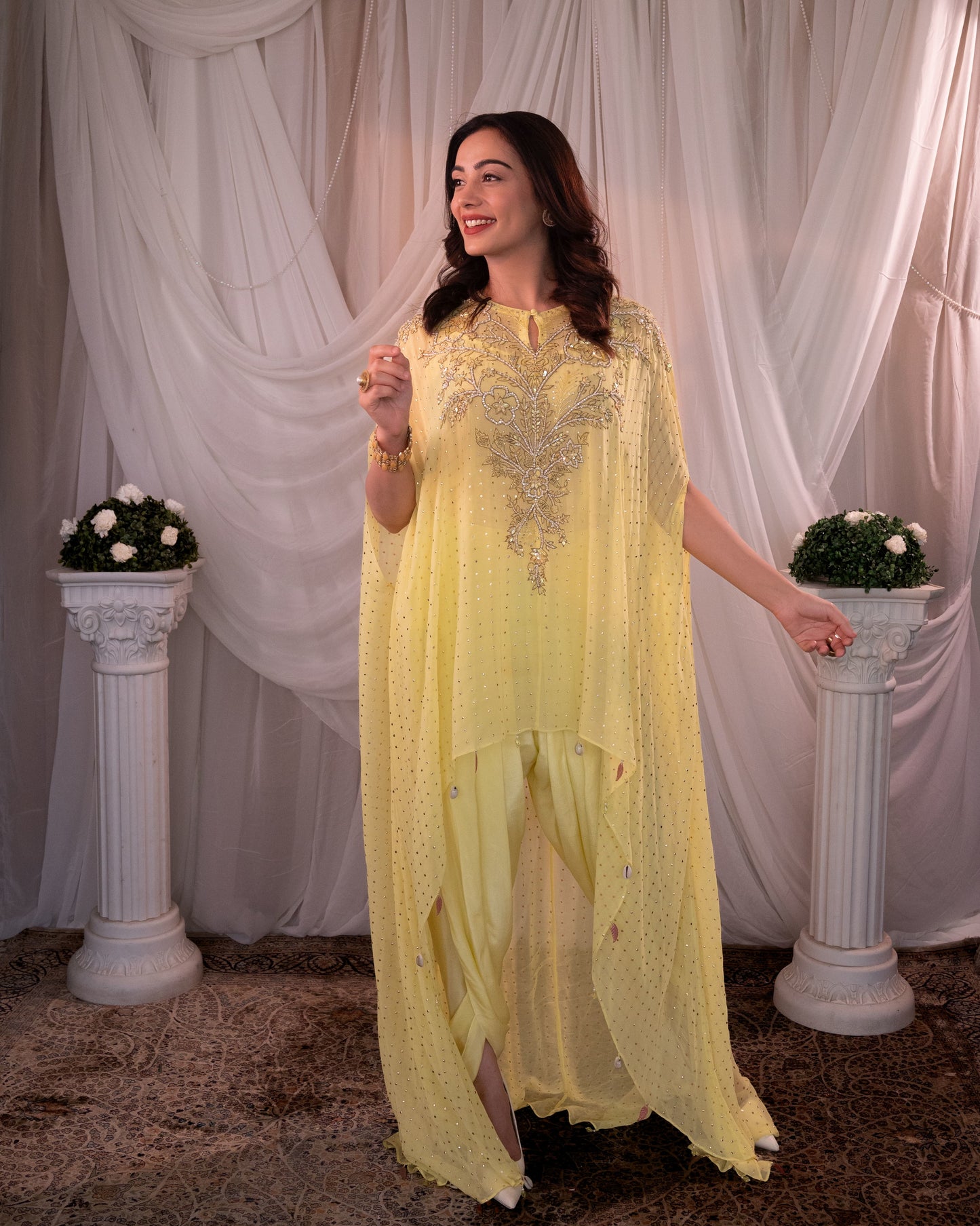 Lemon hi-low kurta, dhoti