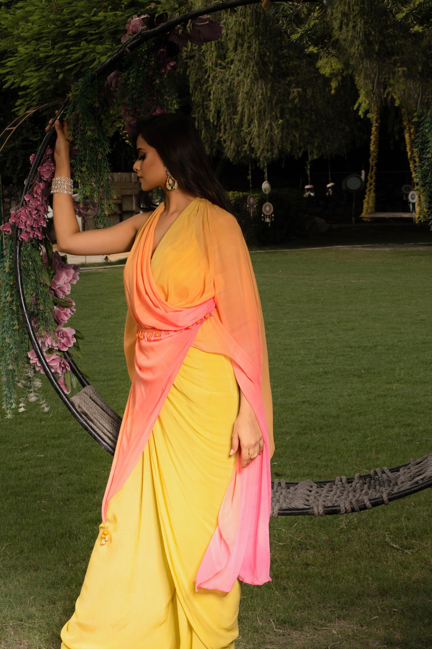 Yellow pink draped TOP and PANTS