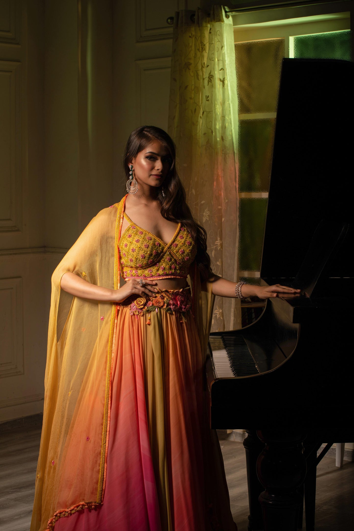 Yellow pink LEHENGA with halter blouse and cape