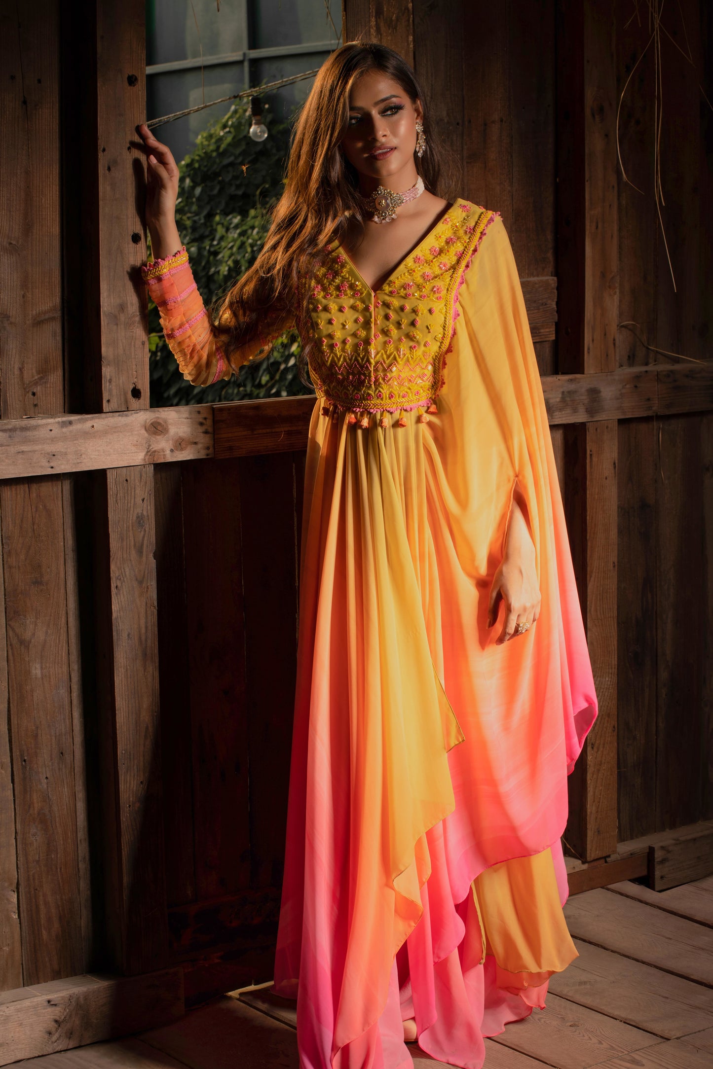 Yellow pink draped KURTA SET