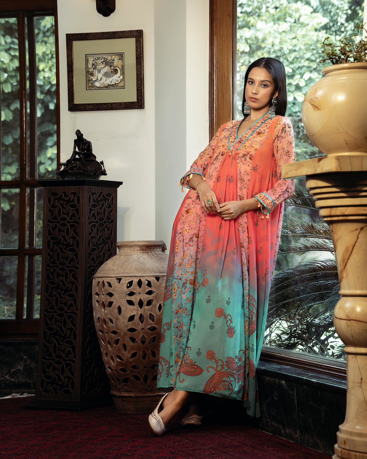 Fleur peach kalidar kurta set