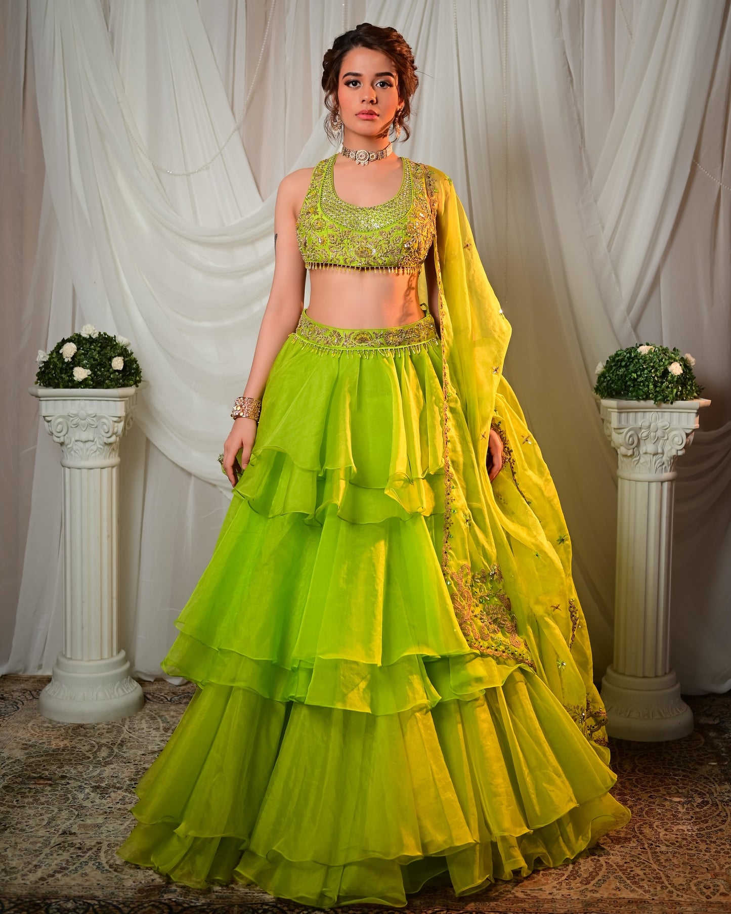 Green frill lehenga set