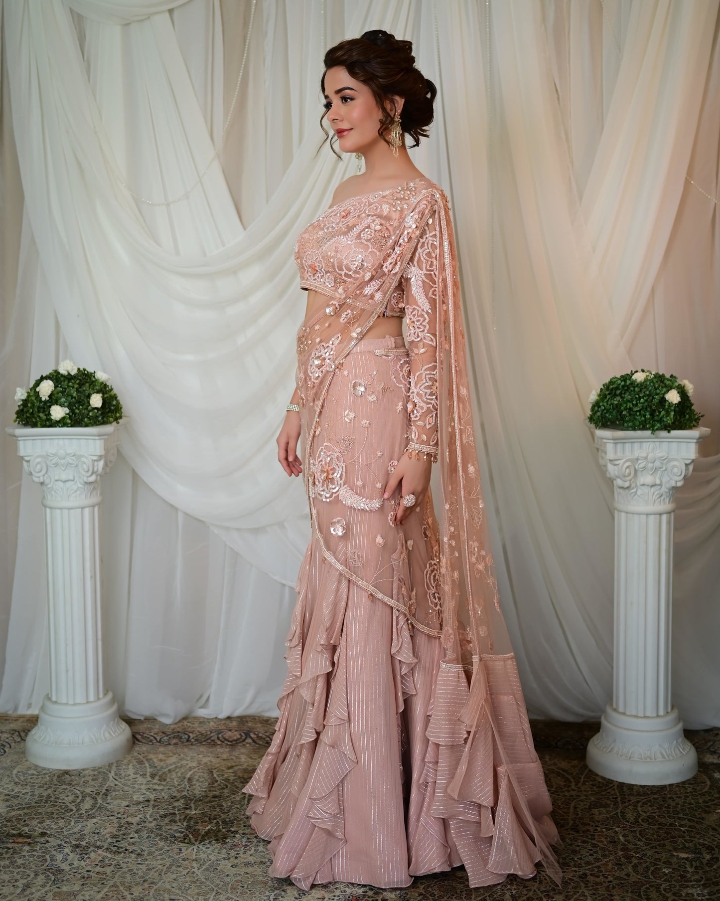 Old rose frill draped saree