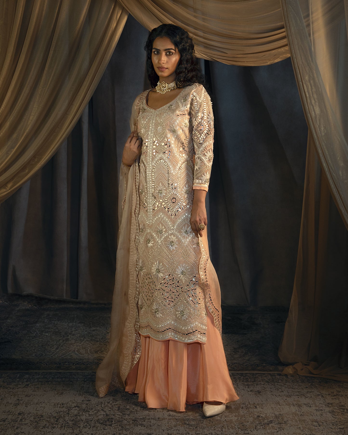 Leila ivory-peach kurta sharara set