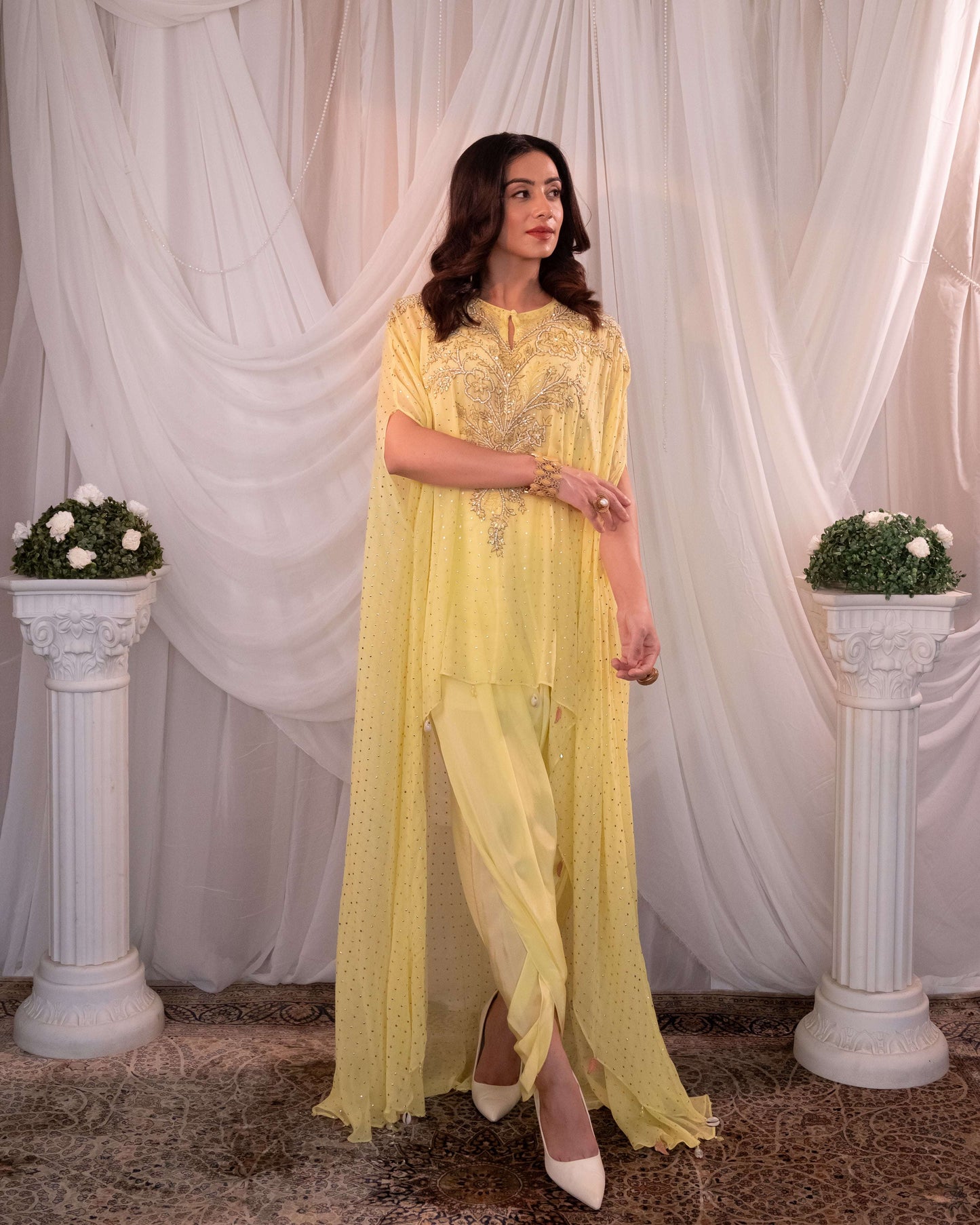 Lemon hi-low kurta, dhoti