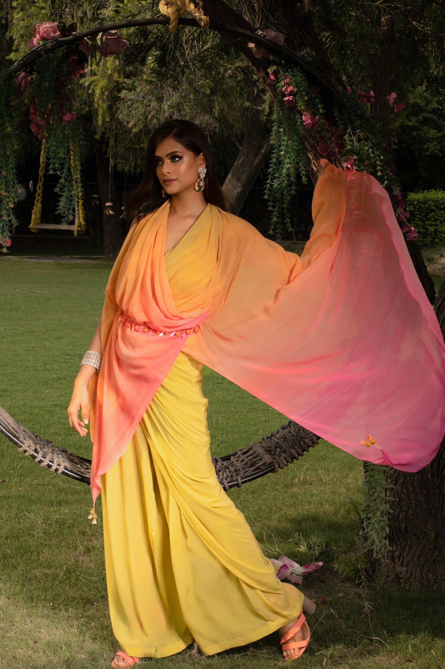 Yellow pink draped TOP and PANTS