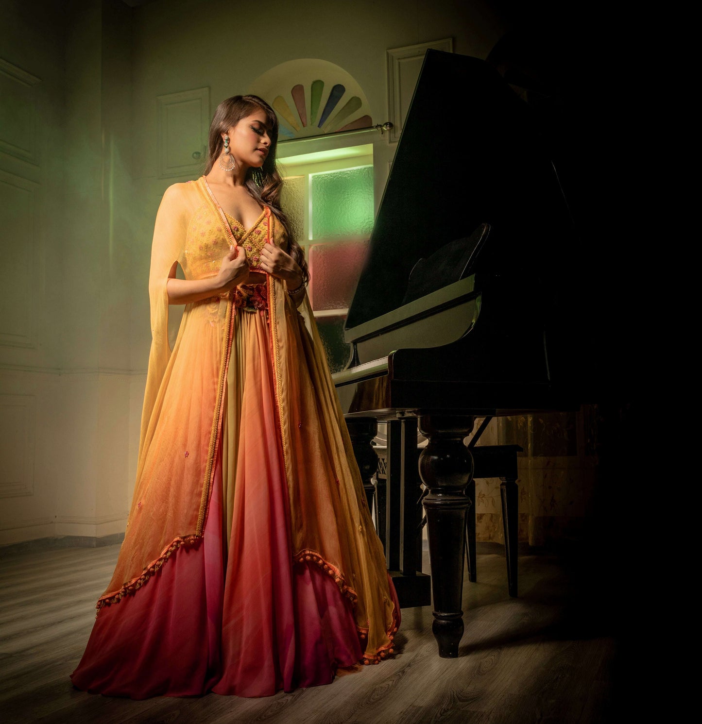 Yellow pink LEHENGA with halter blouse and cape