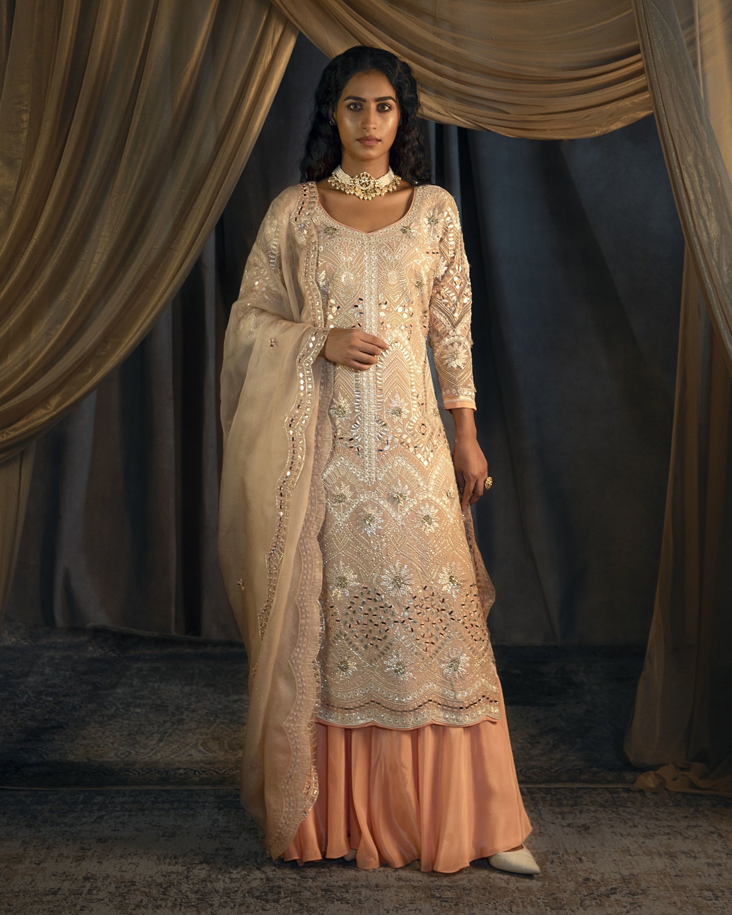 Leila ivory-peach kurta sharara set