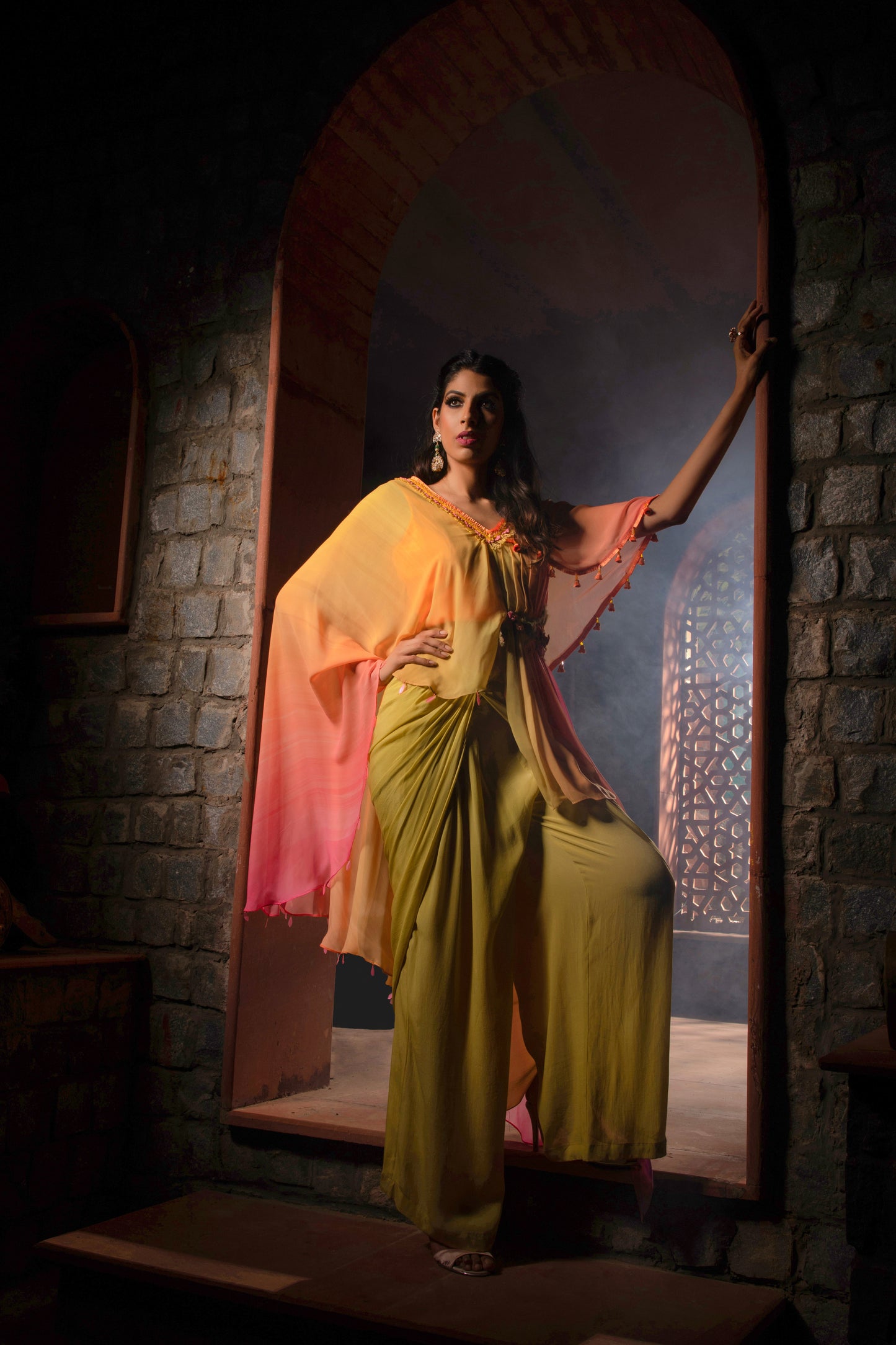 Yellow Pink Asymmetrical Draped Kurta And Pants