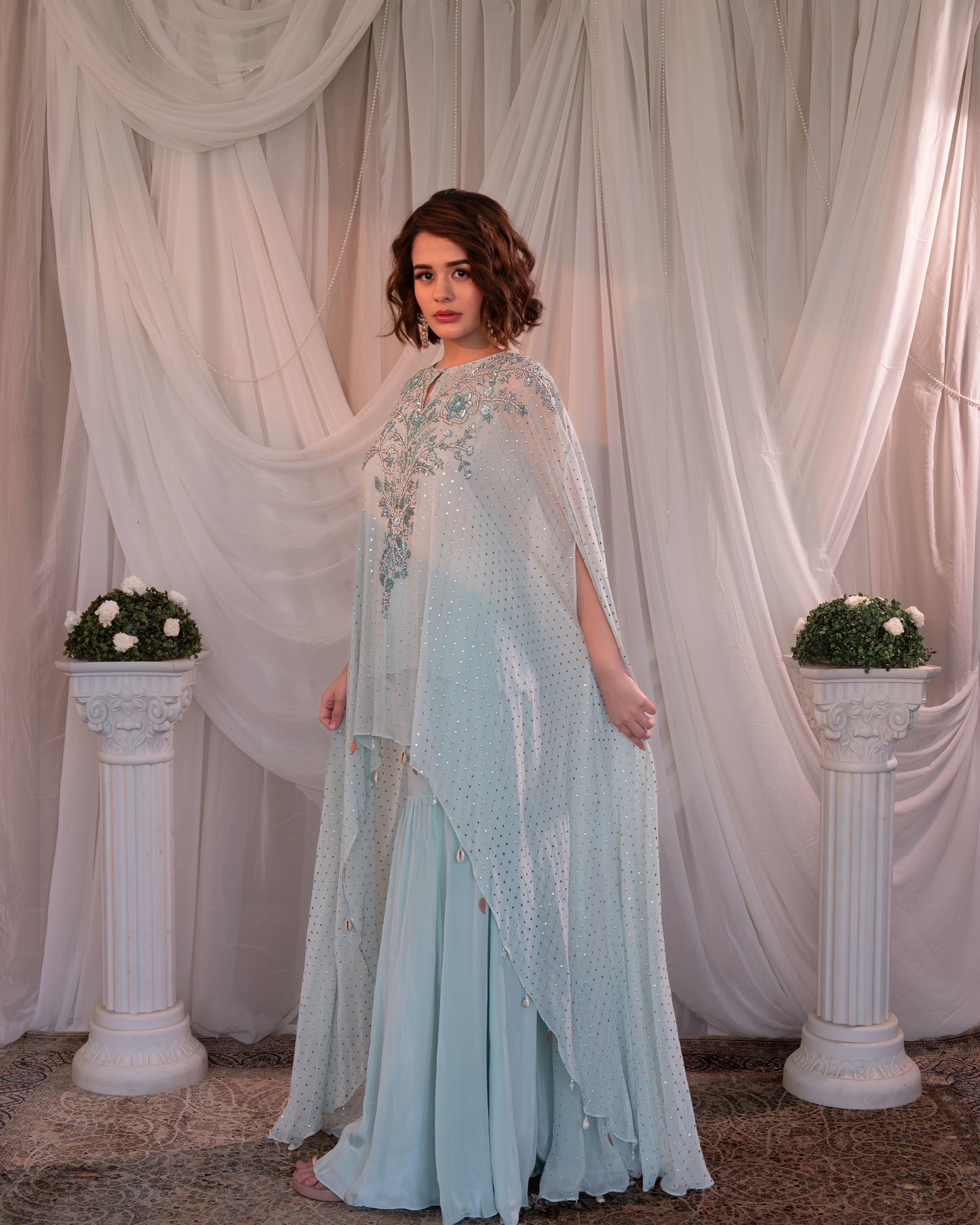 Sky blue hi-low kurta, sharara set