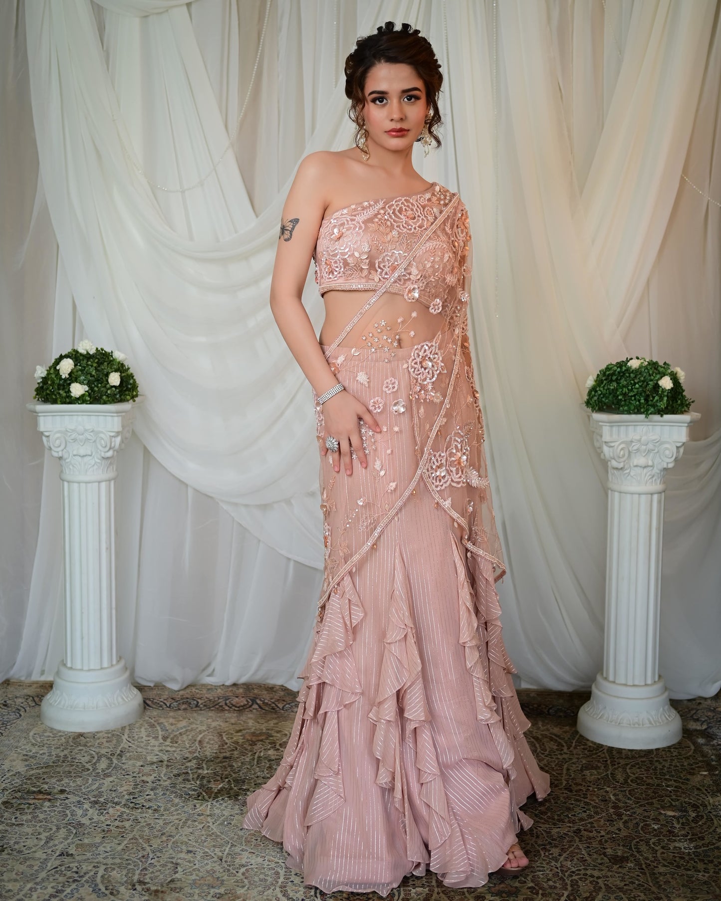 Old rose frill draped saree