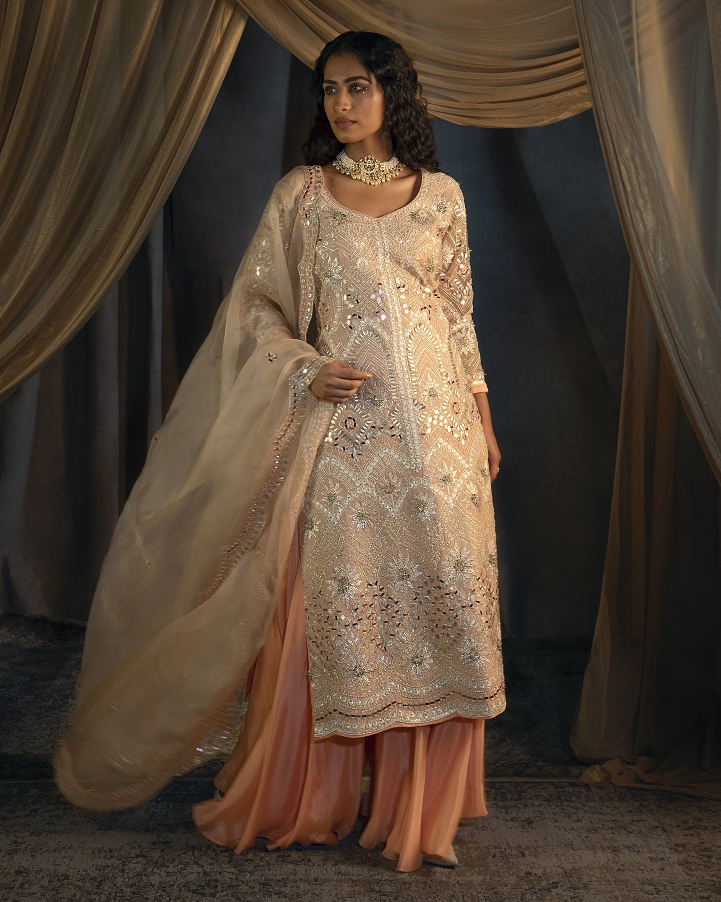 Leila ivory-peach kurta sharara set