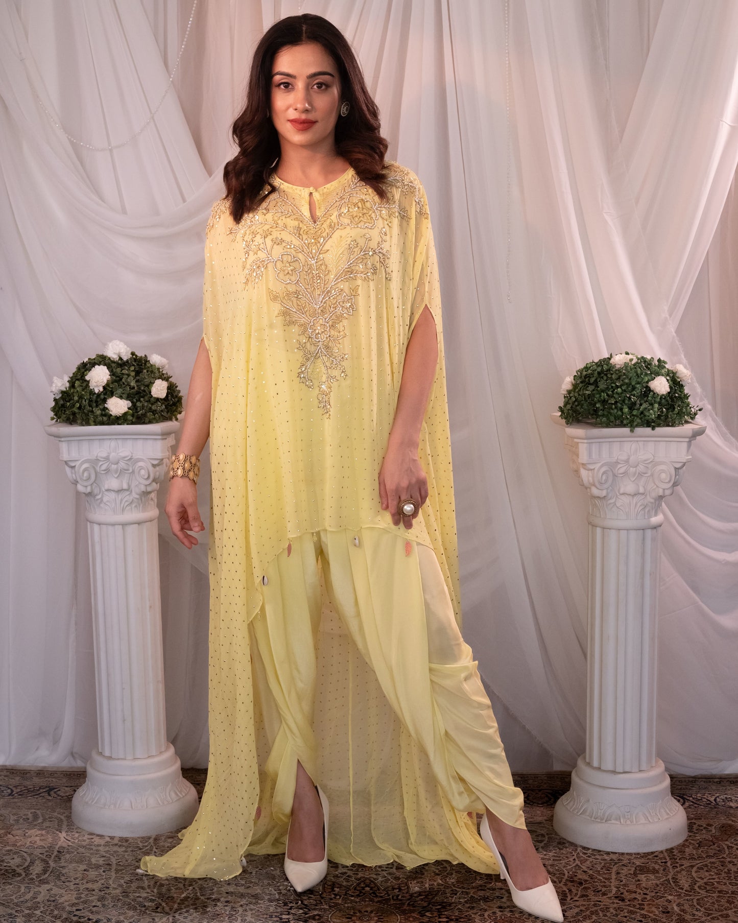 Lemon hi-low kurta, dhoti