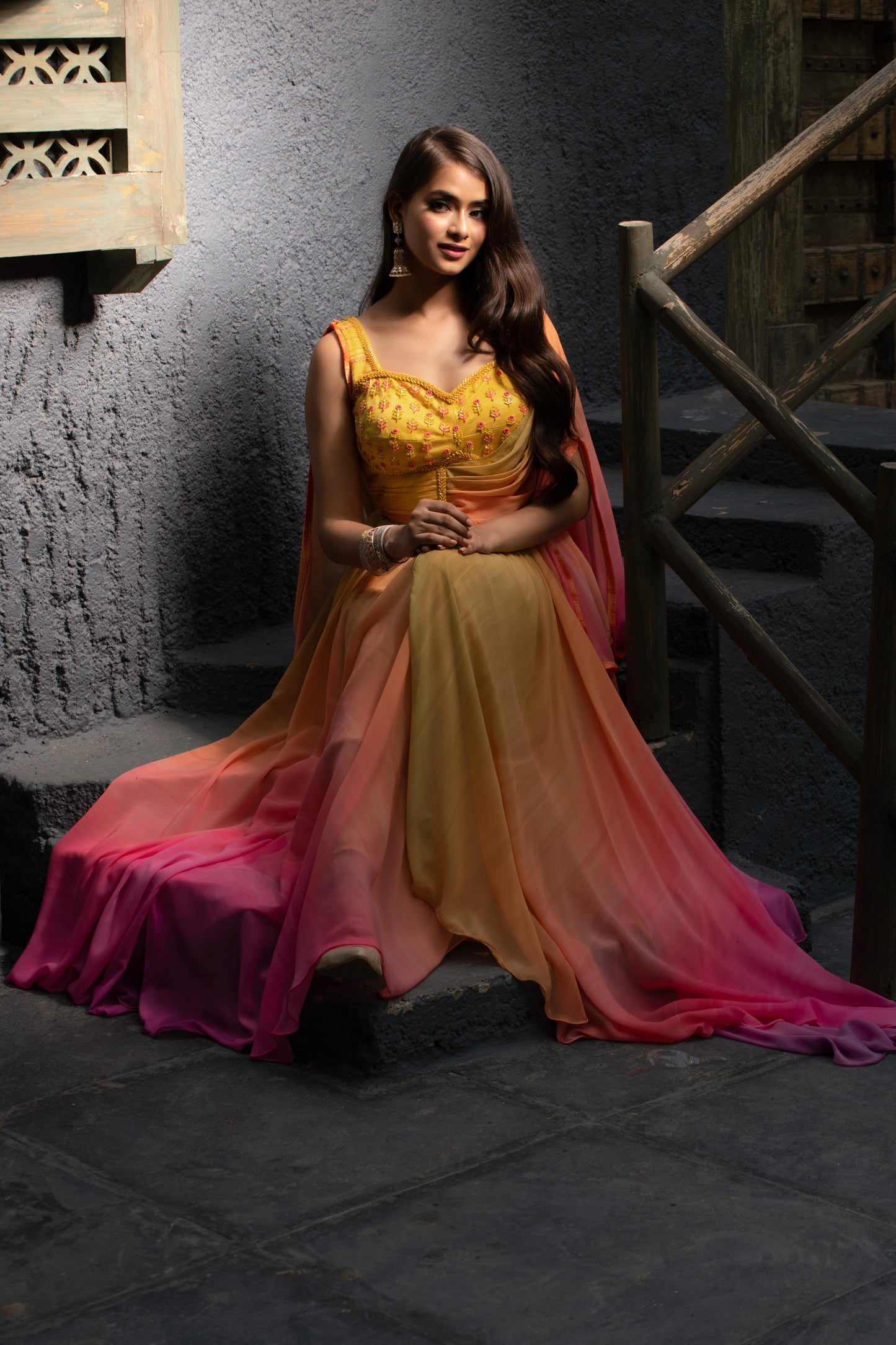 Yellow pink draped anarkali