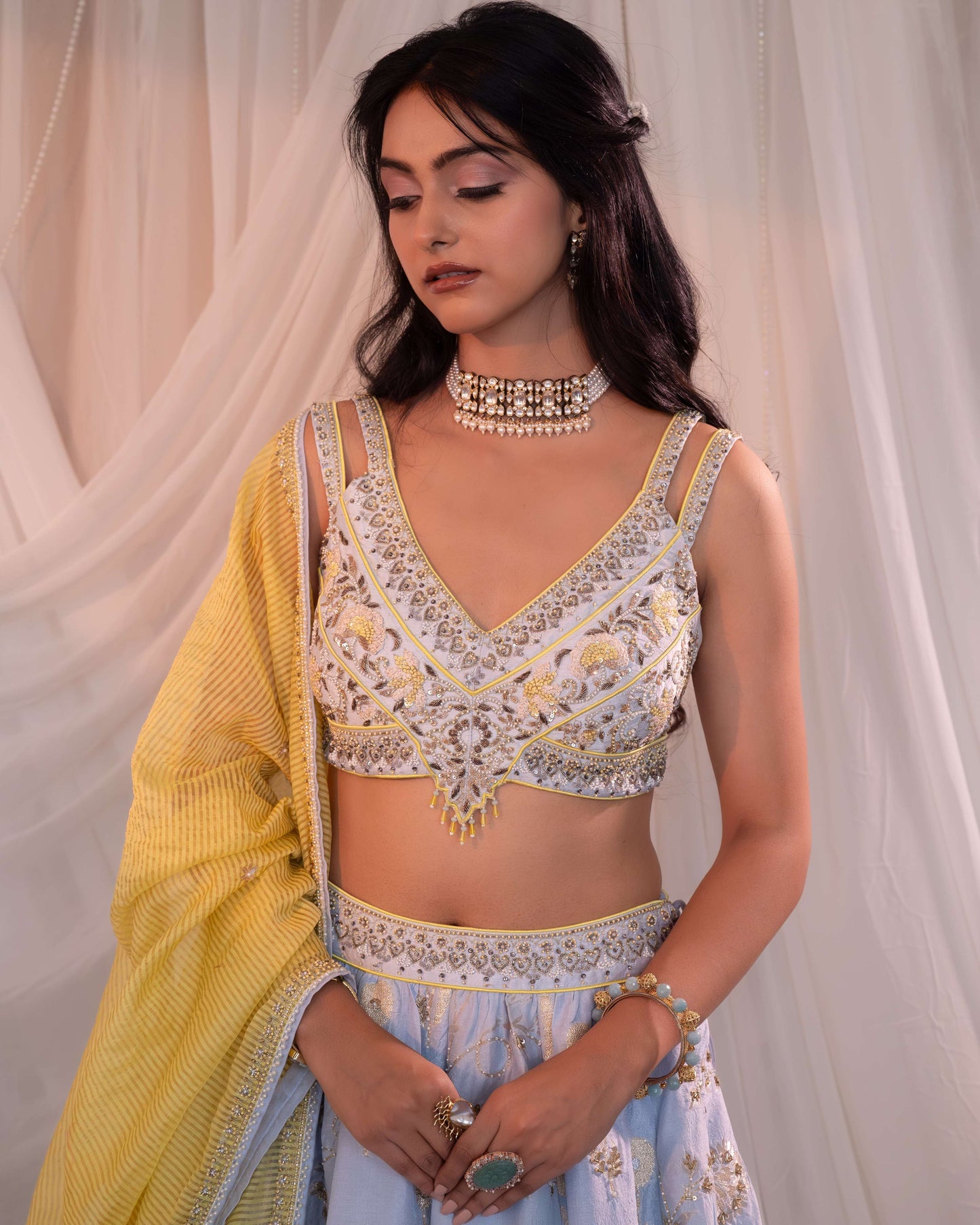 Powder blue - lemon lehenga