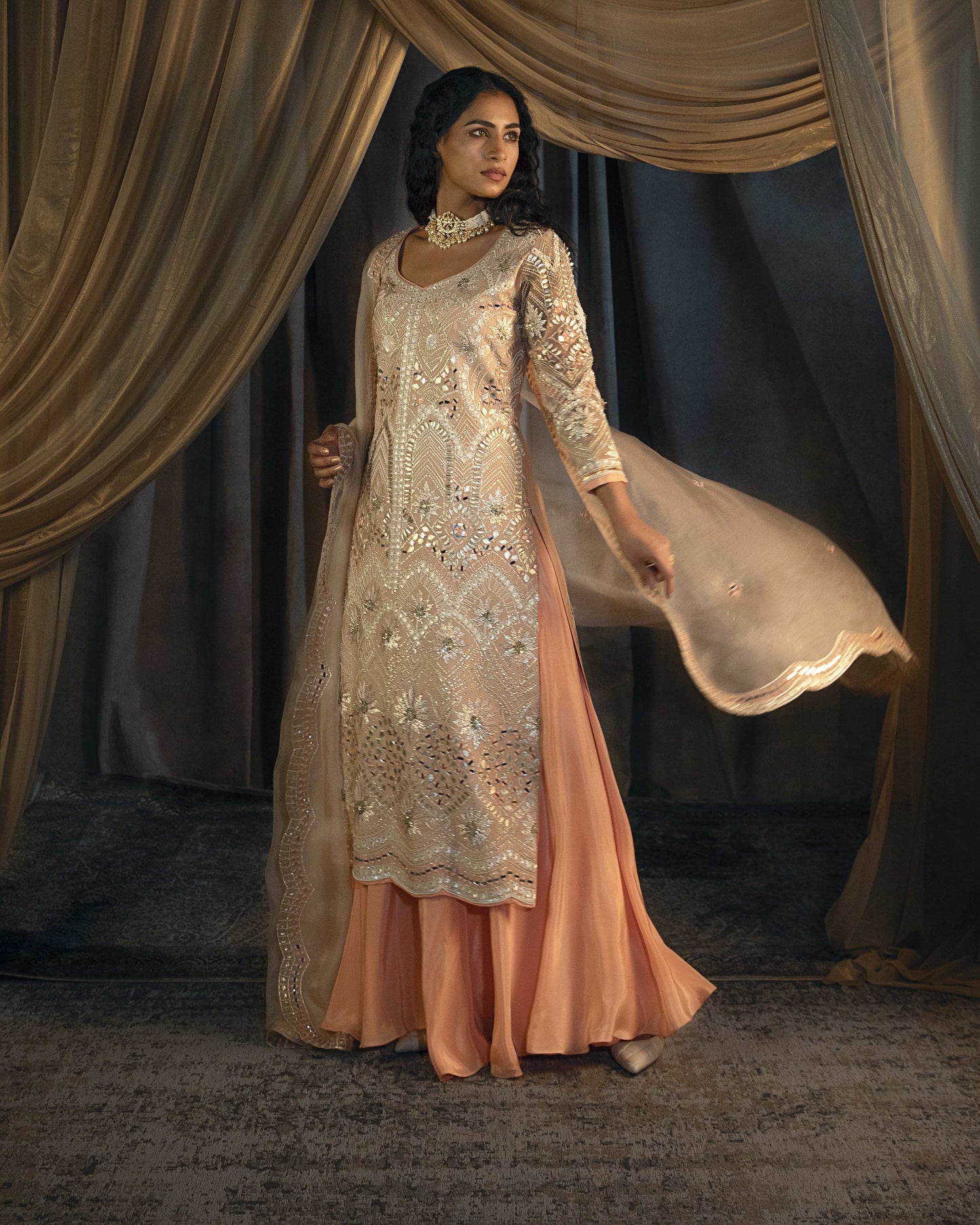 Leila ivory-peach kurta sharara set