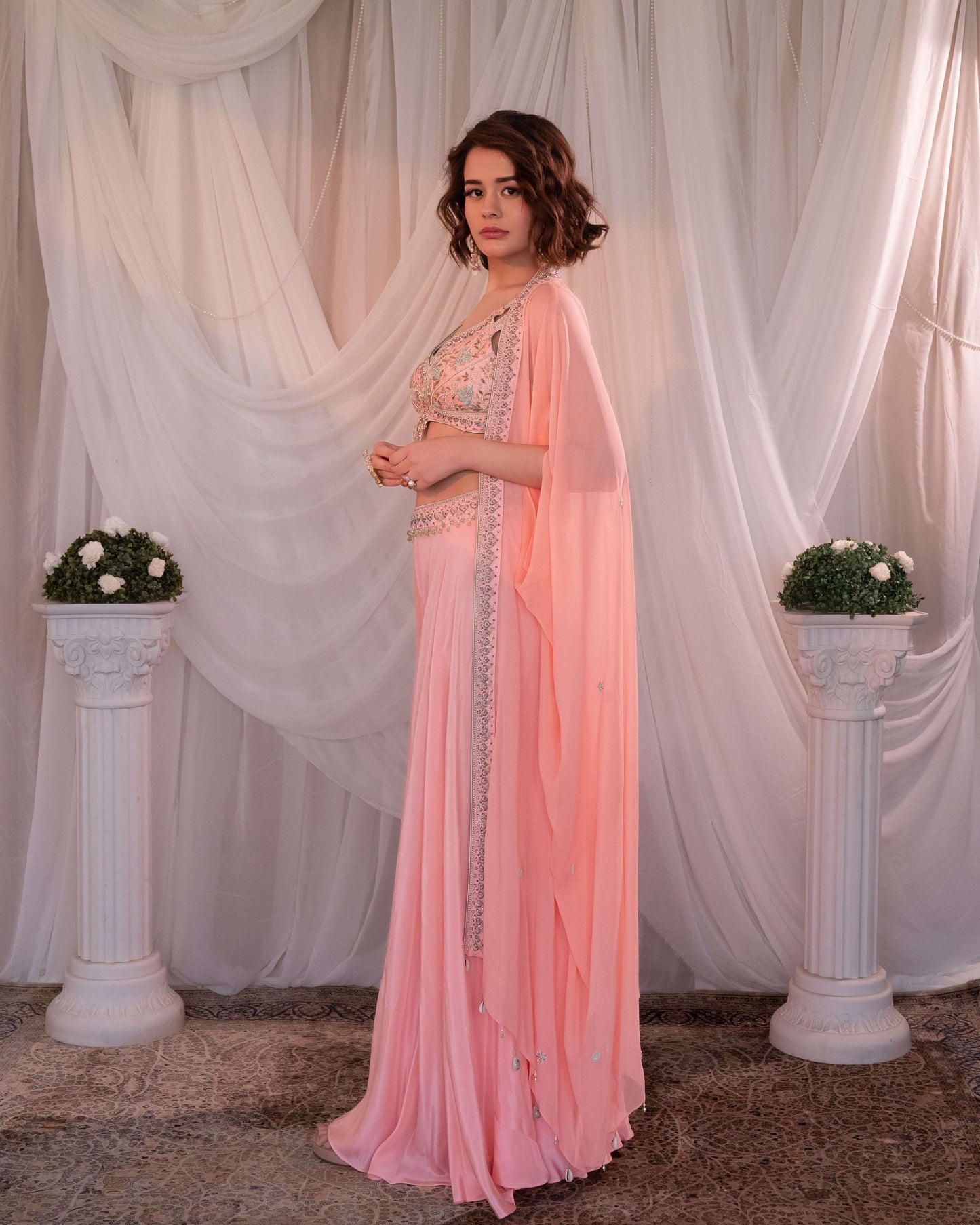 Pink crop top, cape, sharara