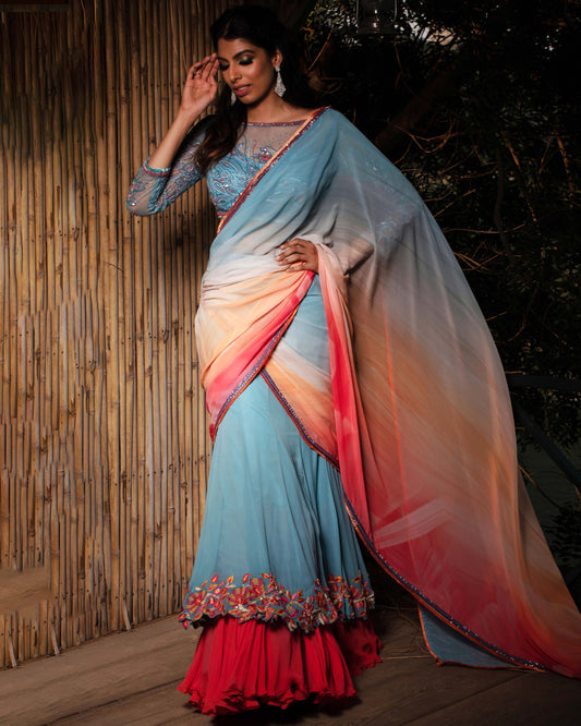 Blue Coral Concept Saree With Quarter Sleeved Blouse