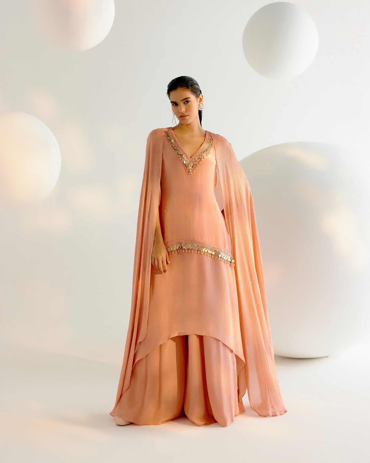 Peach Cape Attached Kurta Sharara Set