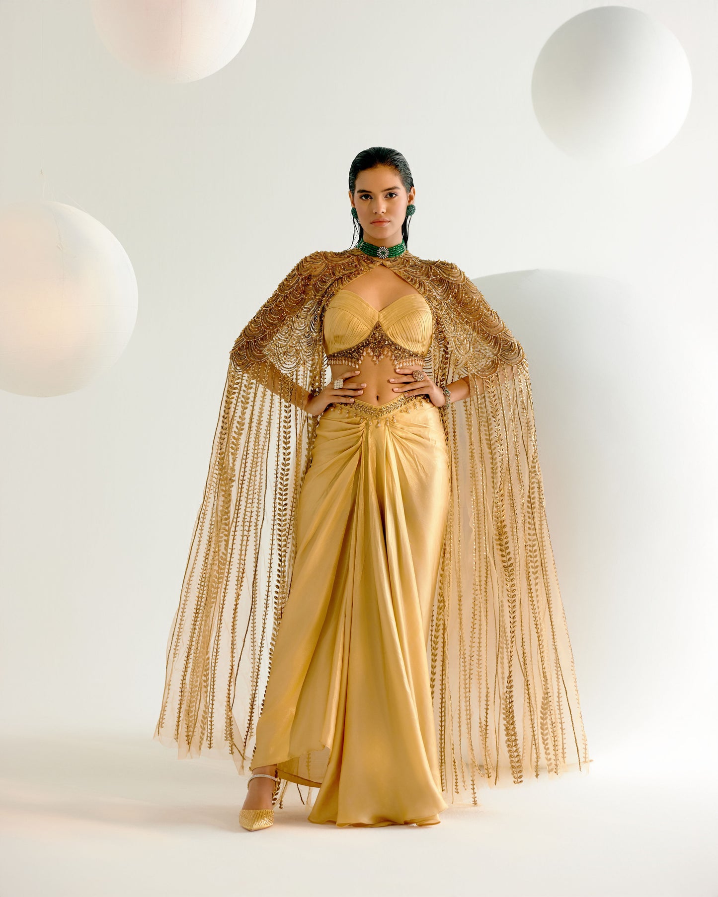 Gold Dhoti Cape Set