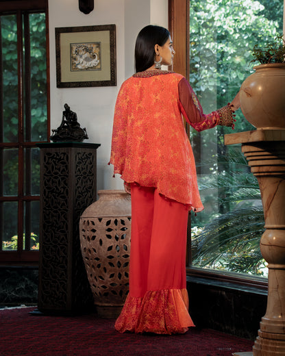 Fleur Orange Asymmetrical Kurti And Pants