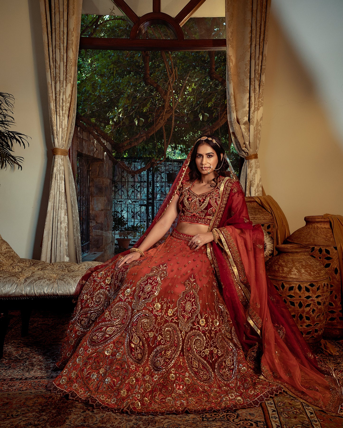 Surkh rust-maroon bridal lehenga