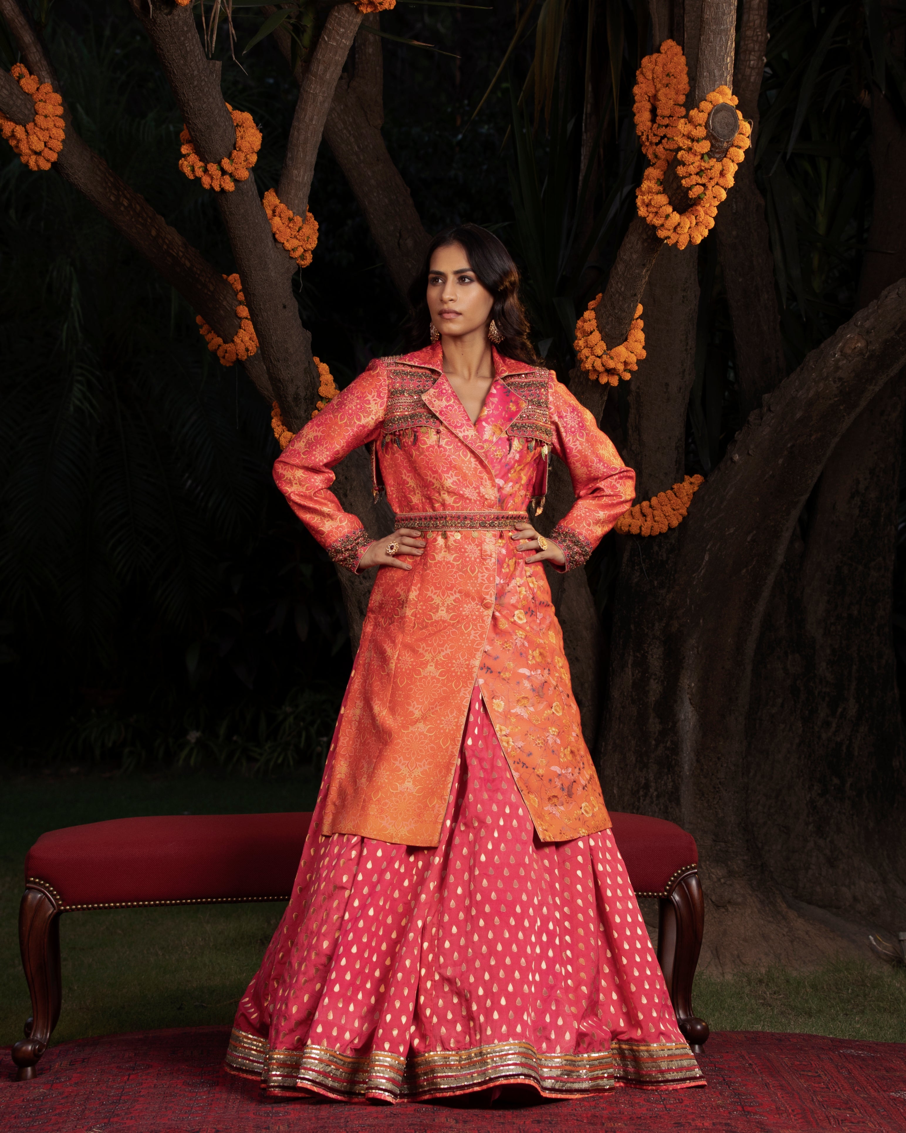 Wine Sequins and Zari work with Floral Print Overcoat Styled Lehenga C –  Seasons Chennai