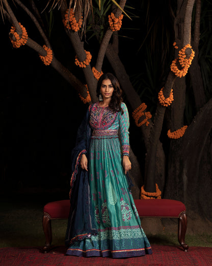 Blue Block Print Anarkali Set
