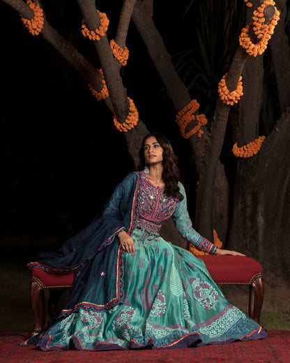 Blue Block Print Anarkali Set