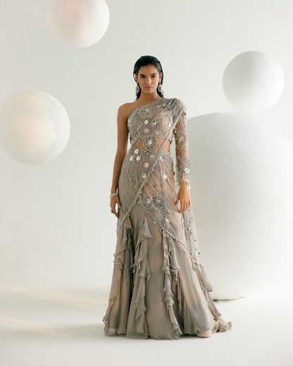Silver Grey Ruffled Saree