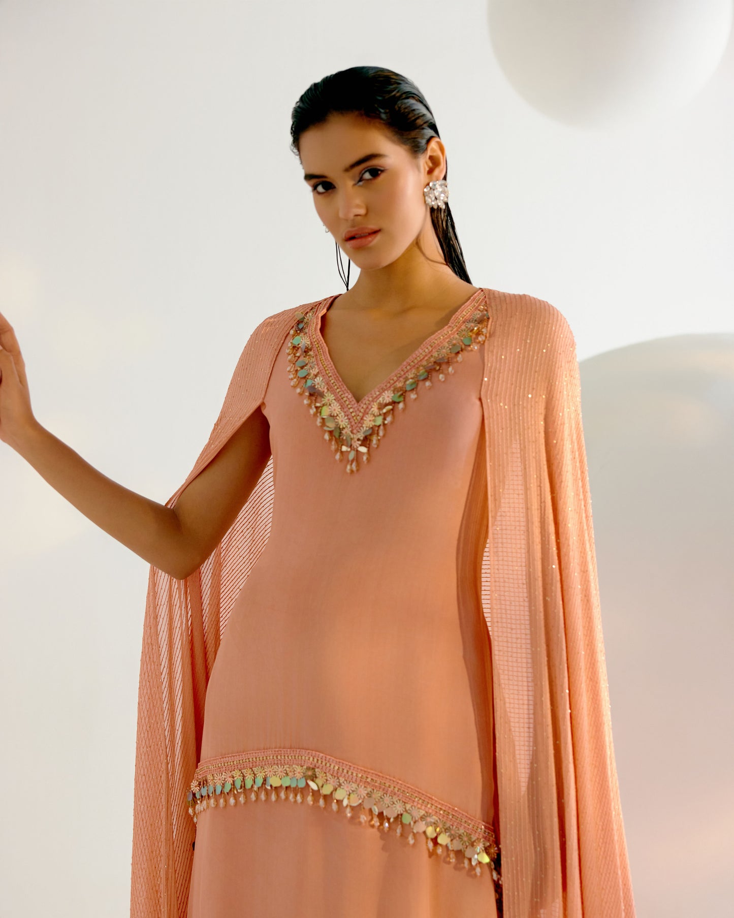 Peach Cape Attached Kurta Sharara Set