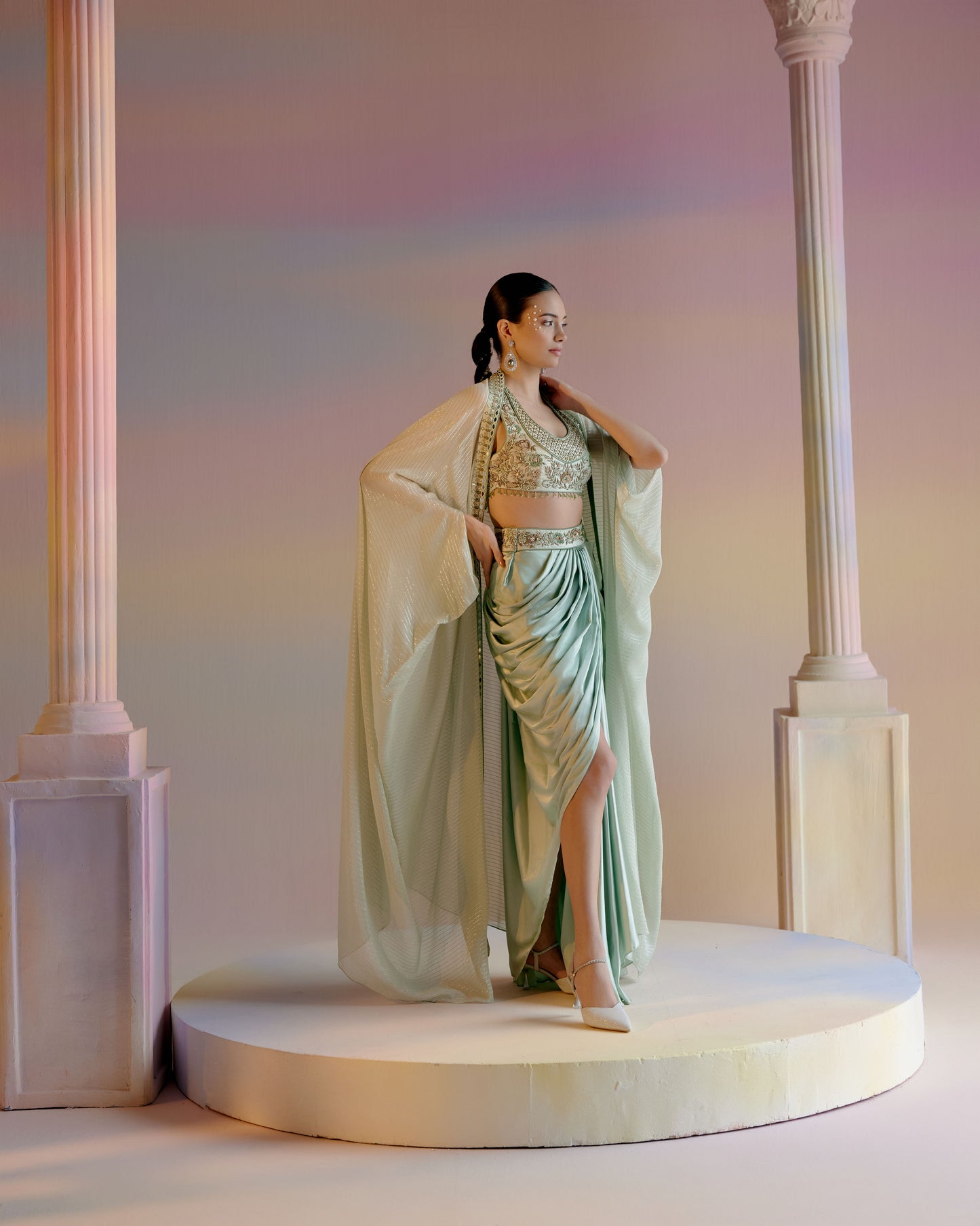 Mint Dhoti Cape Set