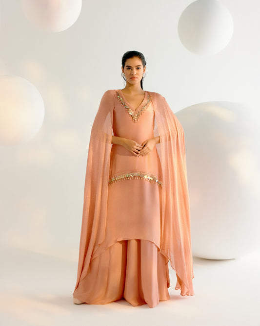 Peach Cape Attached Kurta Sharara Set