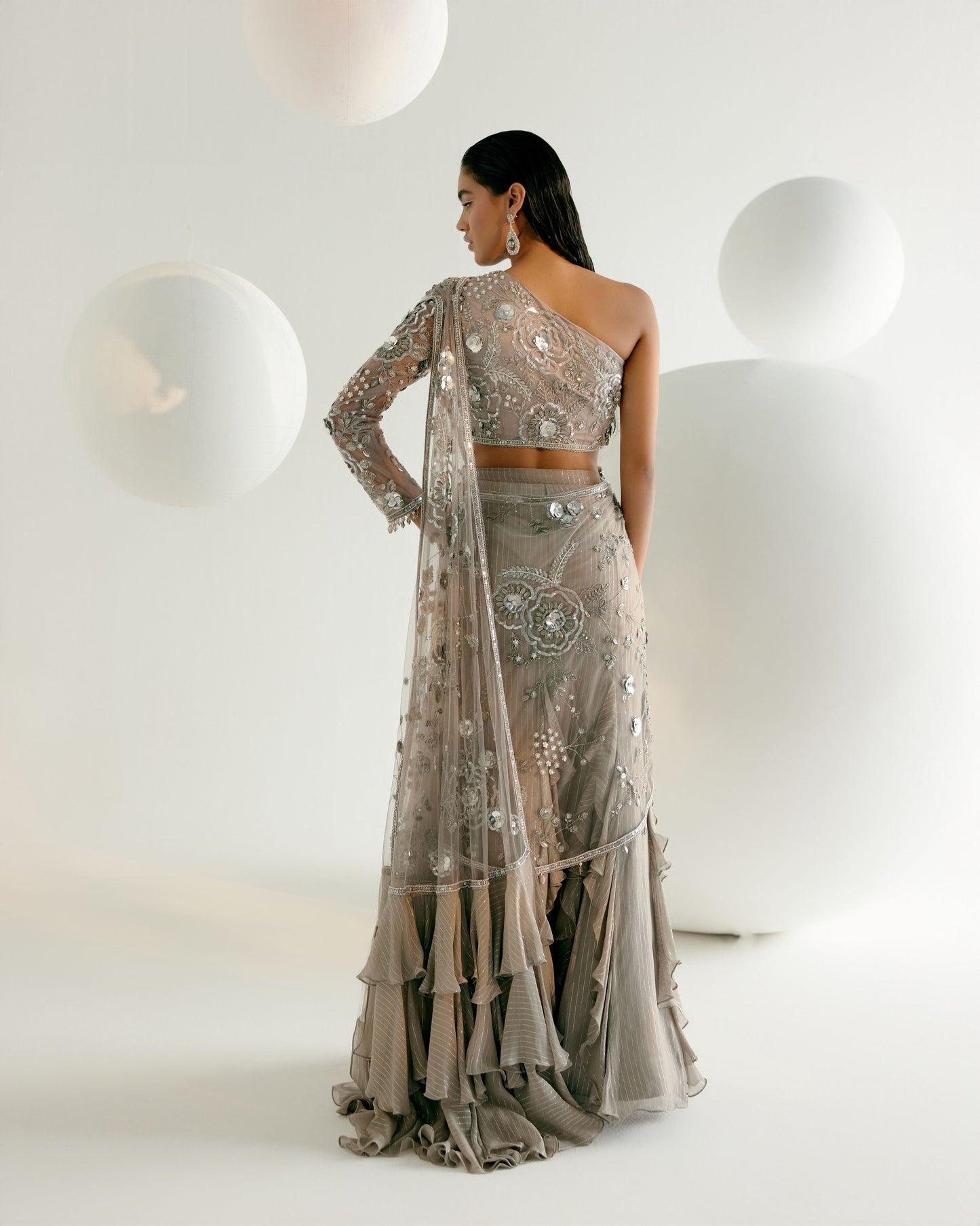 Silver Grey Ruffled Saree