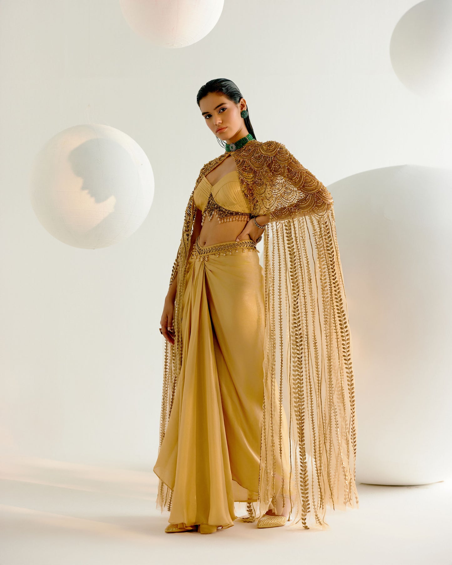 Gold Dhoti Cape Set