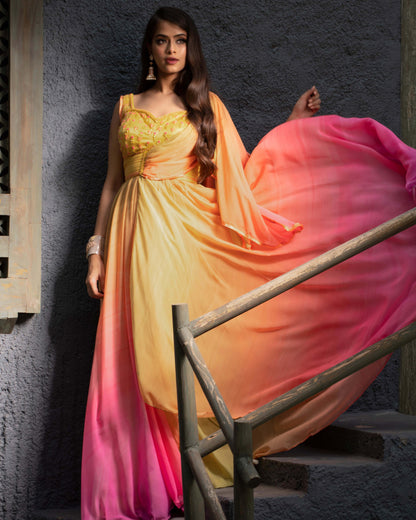 Yellow pink draped anarkali