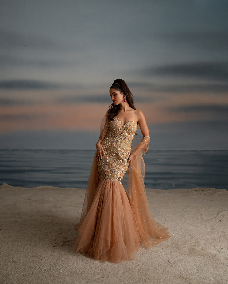 Fish-Cut Tulle Gown with Cape