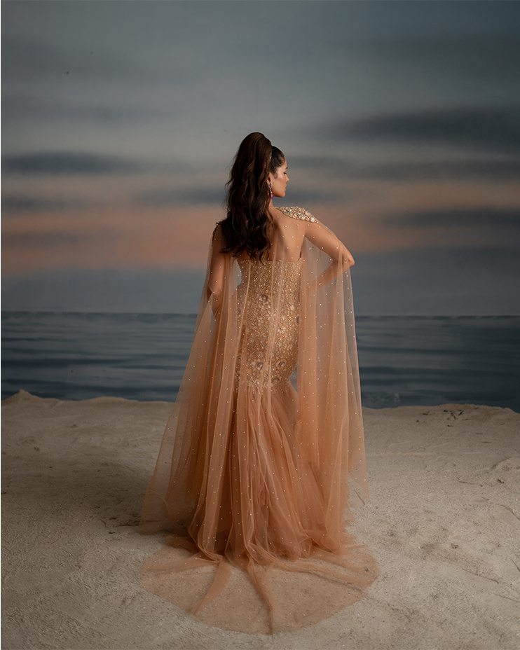 Fish-Cut Tulle Gown with Cape