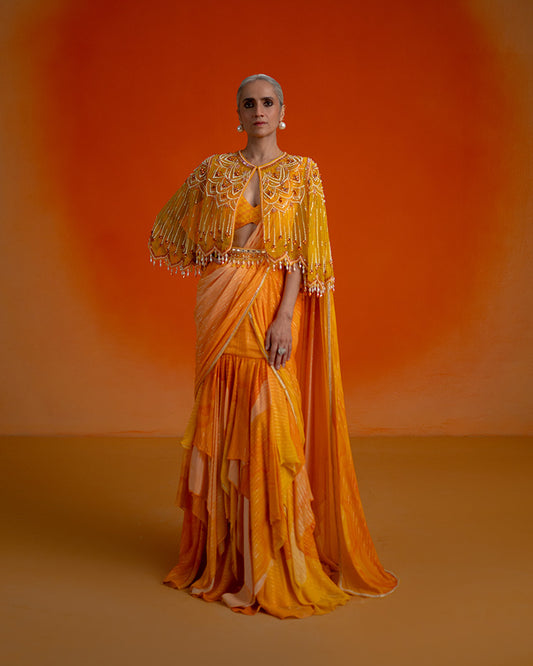 Orange Printed layered saree