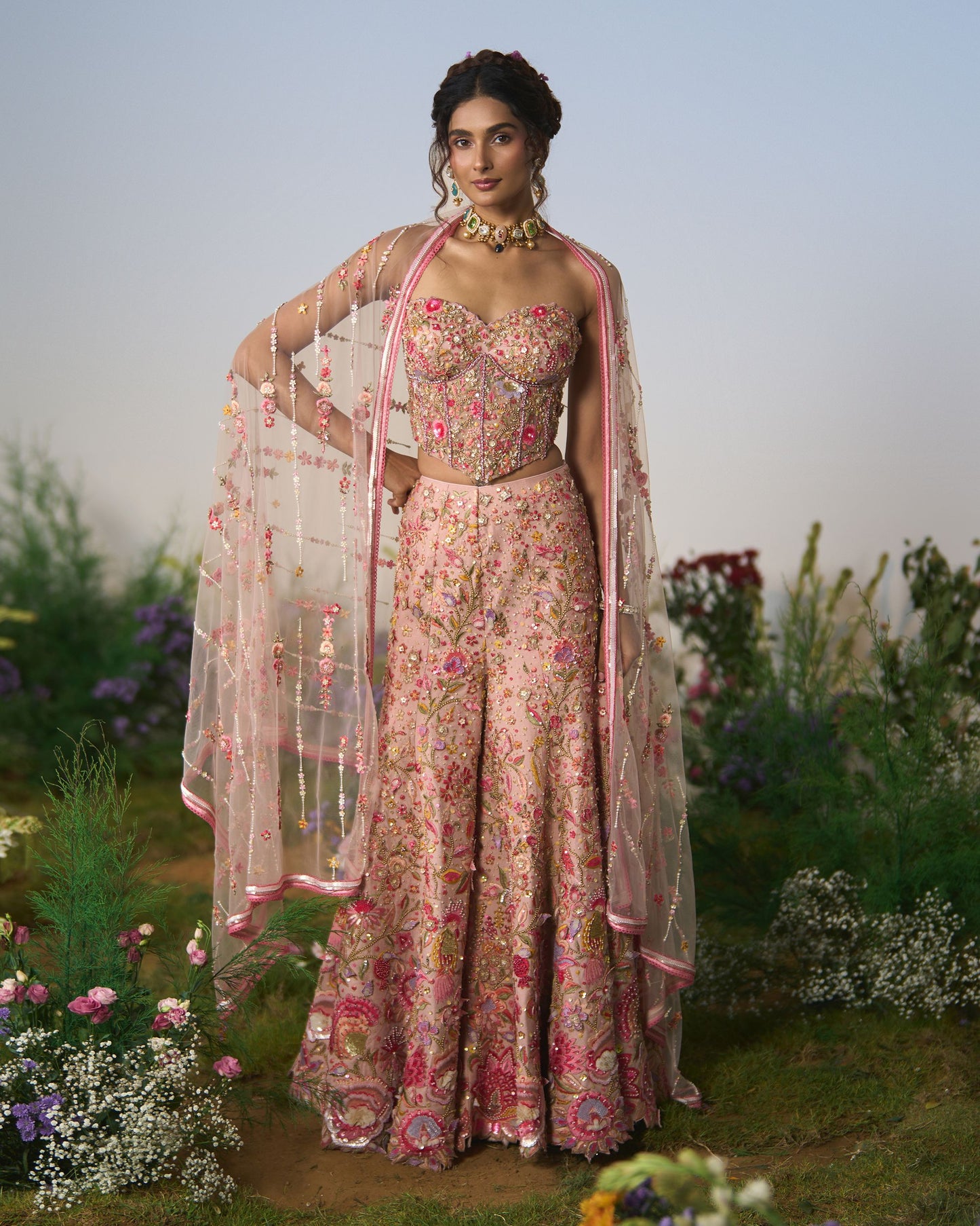 Embroidered sharara, Corset and dupatta