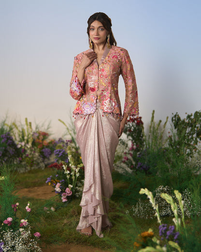 Embroidered jacket with dhoti skirt