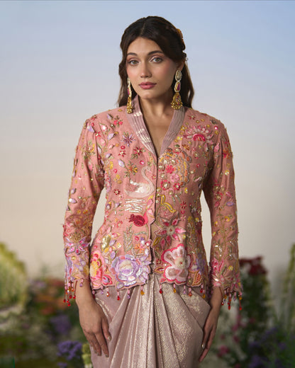 Embroidered jacket with dhoti skirt