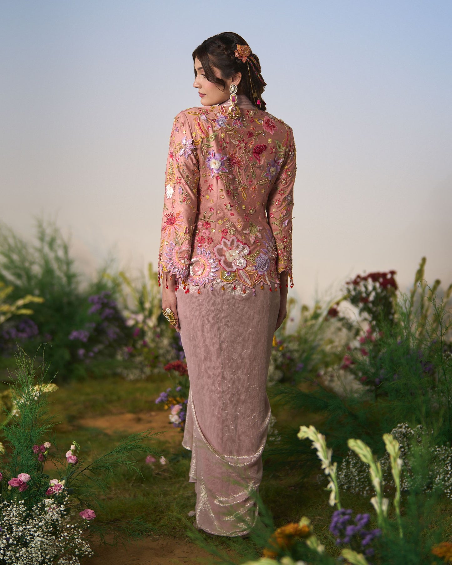 Embroidered jacket with dhoti skirt