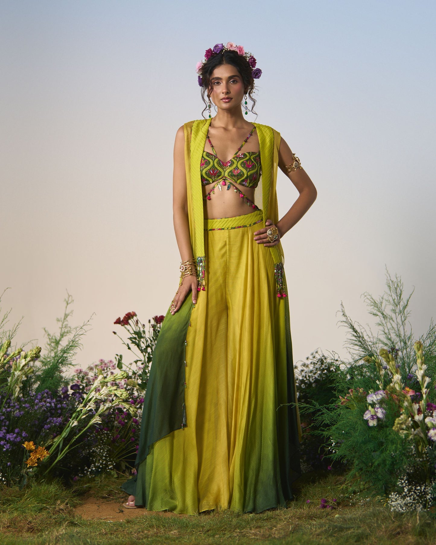 Sharara pants, blouse and jacket