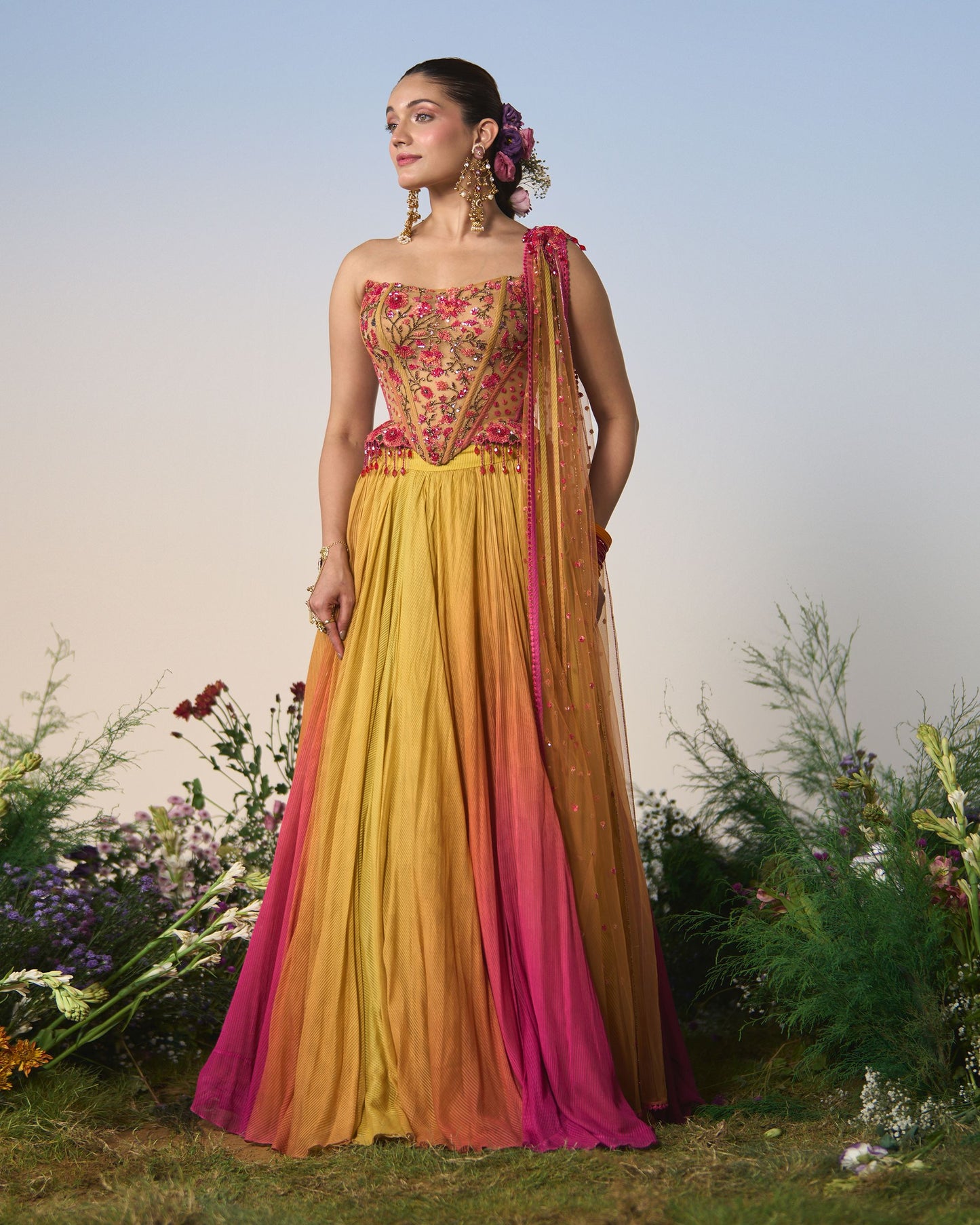 Ombré Lehenga, corset, dupatta