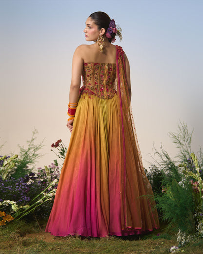 Ombré Lehenga, corset, dupatta