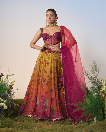 Lehenga, corset blouse and dupatta