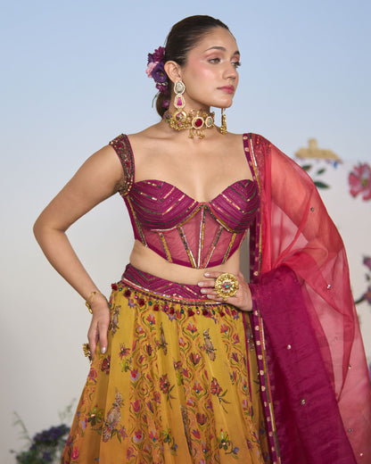 Lehenga, corset blouse and dupatta