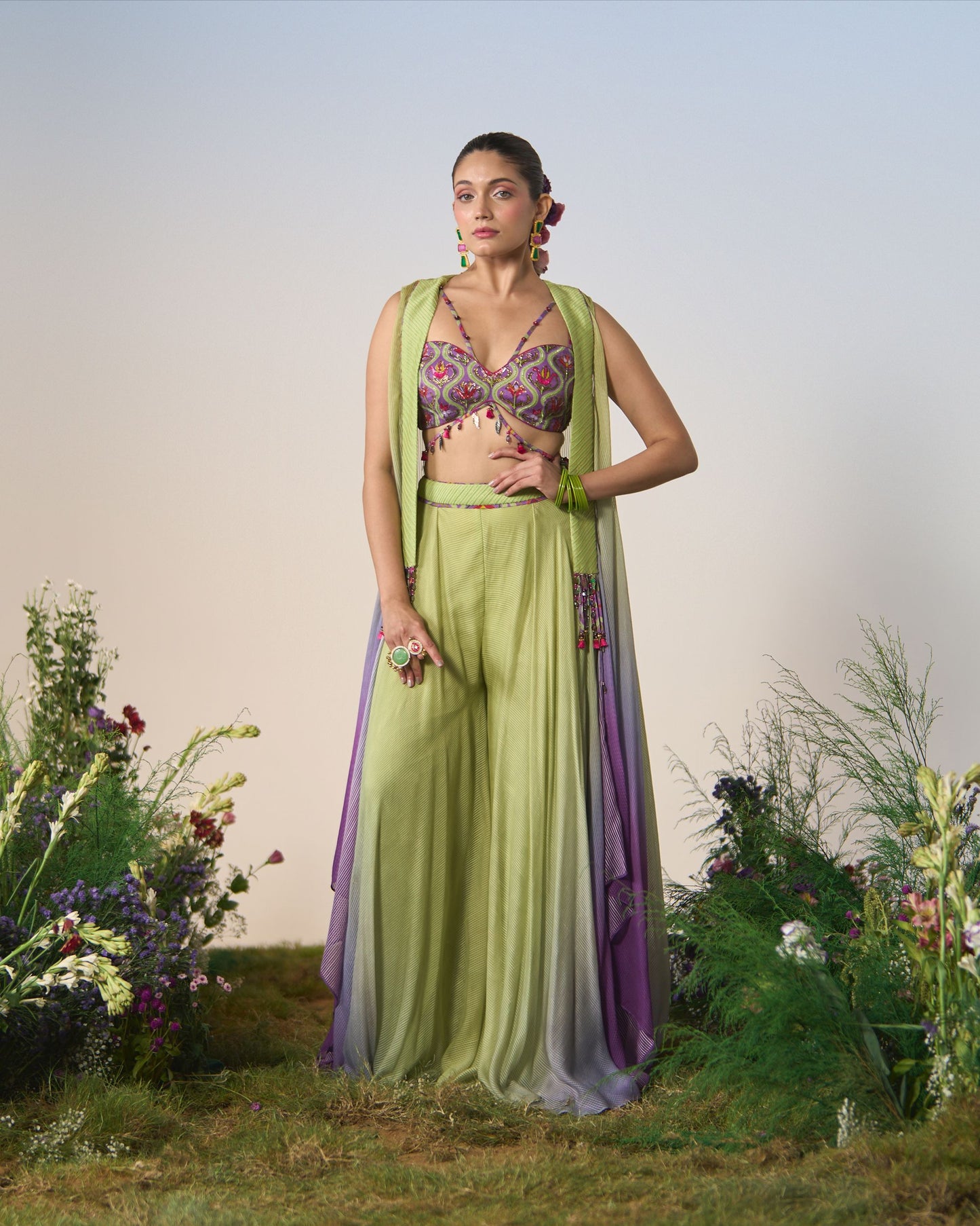 Sharara pants, blouse and jacket