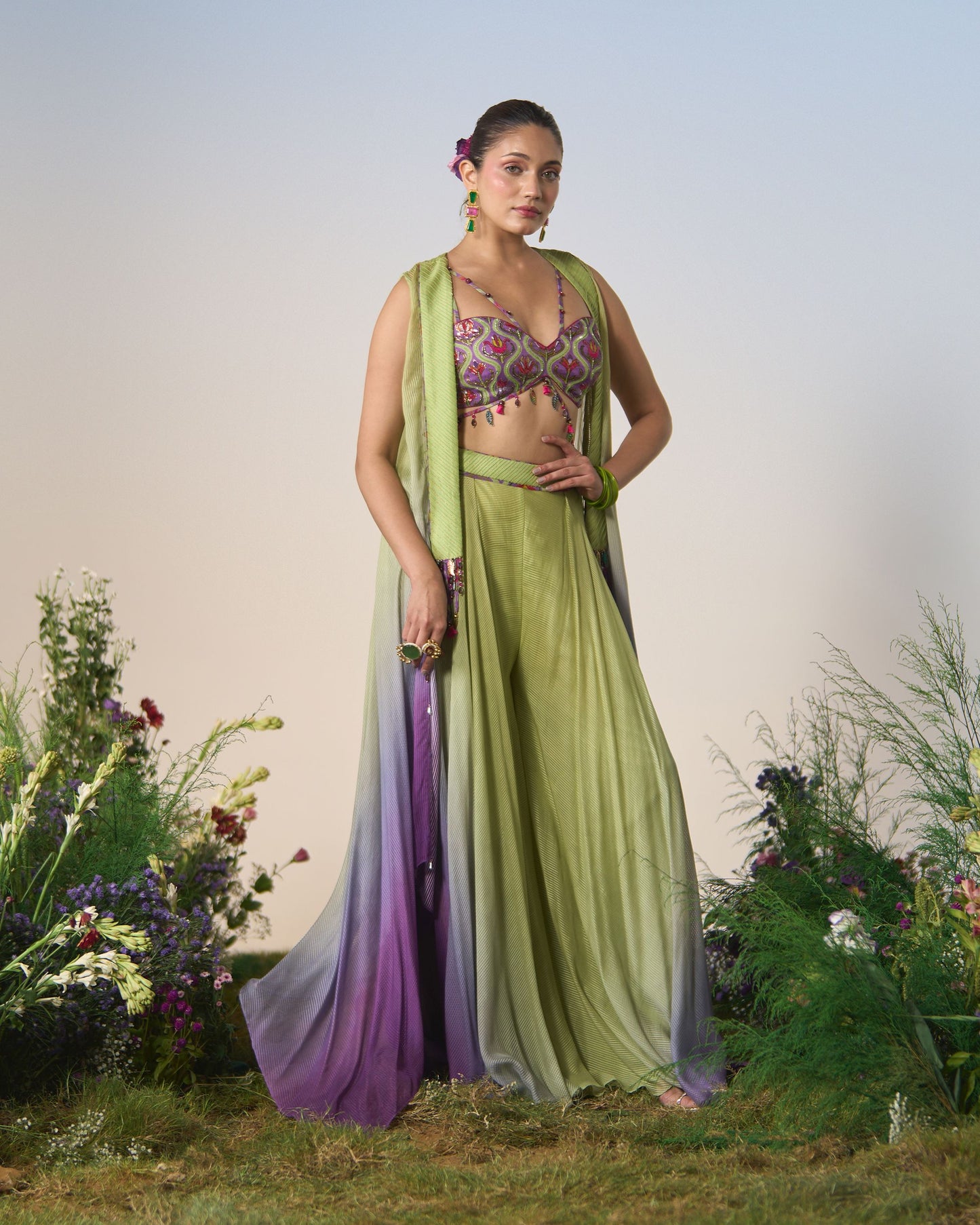 Sharara pants, blouse and jacket